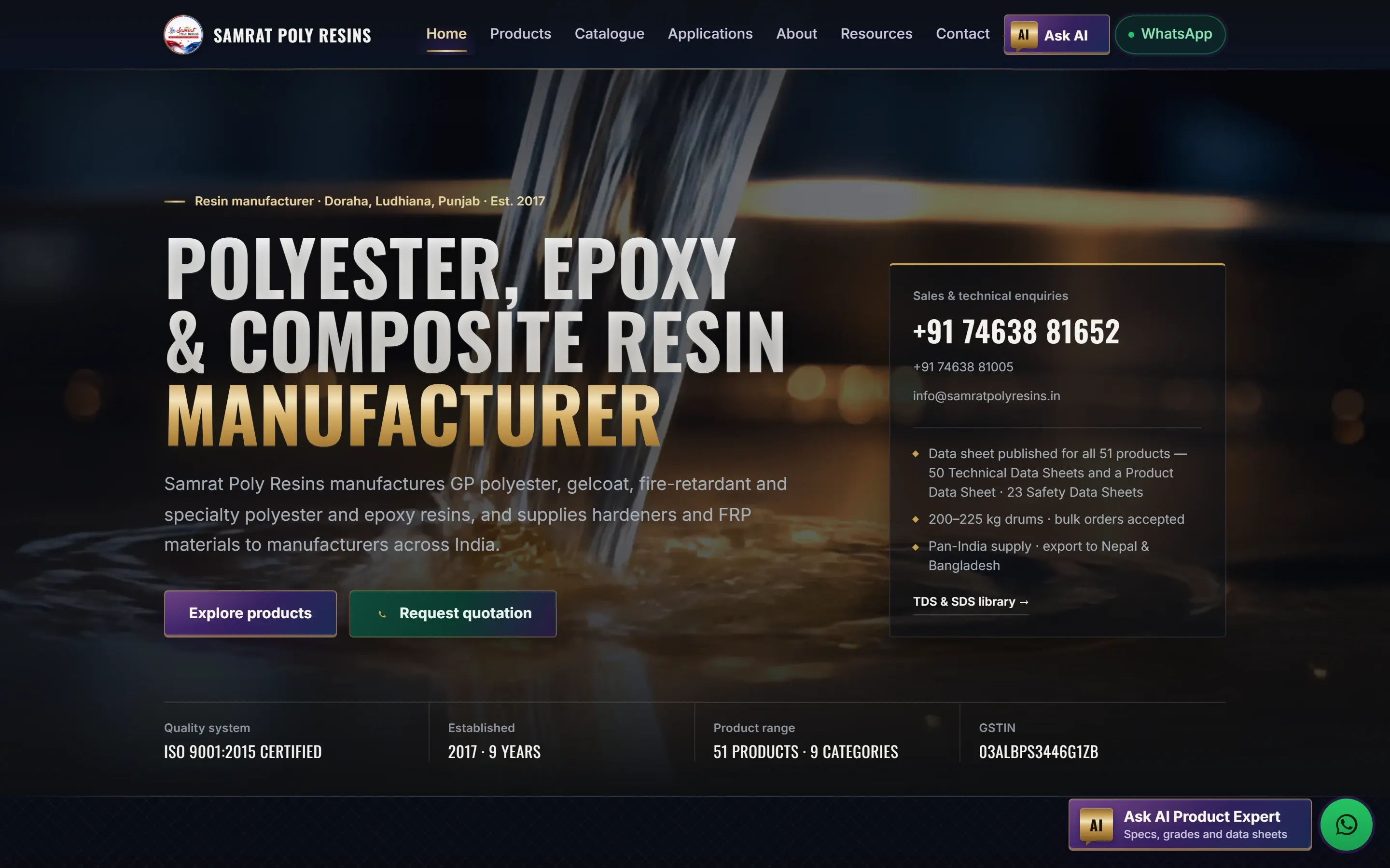 Samrat Poly Resins: the home page of the live website on a desktop screen